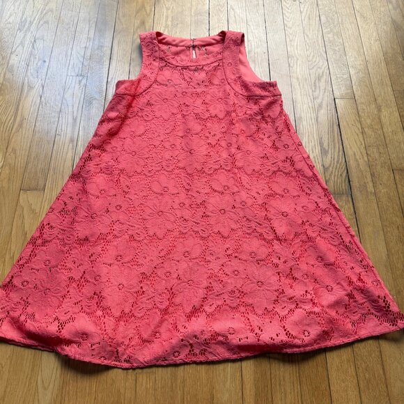 Donna Morgan Size 6 Coral Pink Sleeveless Tent Lace Overlay Trapeze Mini Dress - Picture 5 of 15